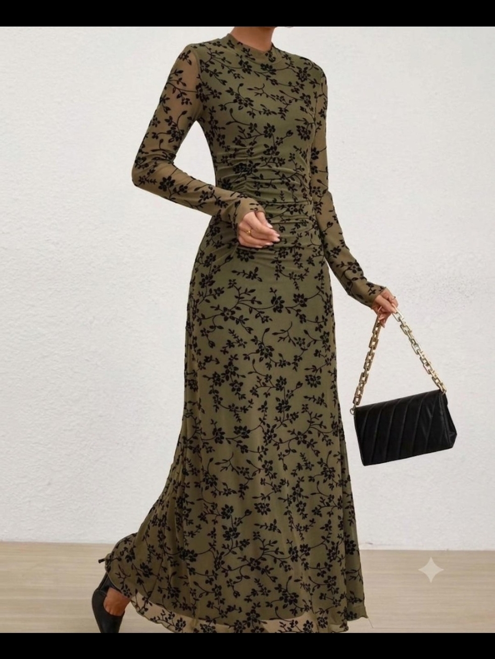 Long Sleeve Olive Green Floral Maxi Dress